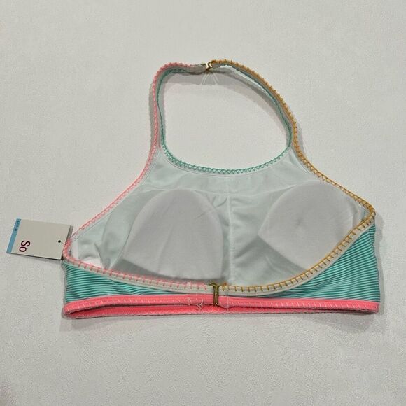 NWT SO by Kohl’s Teal Striped High Neck Bikini Top - Size Large - Picture 2 of 3